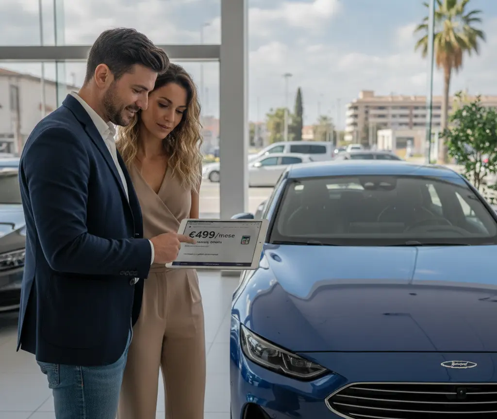 Un uomo e una donna guardano un tablet che mostra un prezzo mensile accanto a un'auto blu in una concessionaria.