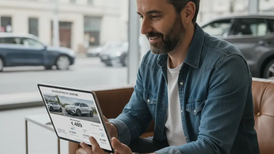 Un uomo sorridente seduto su un divano di pelle marrone mentre guarda un tablet che mostra un calcolatore di leasing per auto.