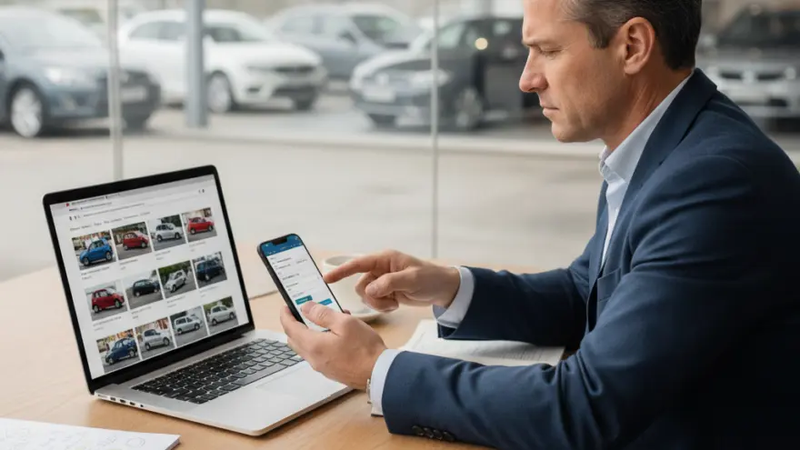 Un uomo in giacca blu seduto a una scrivania in legno mentre utilizza uno smartphone e un computer portatile con immagini di auto sullo schermo, all'interno di una concessionaria.