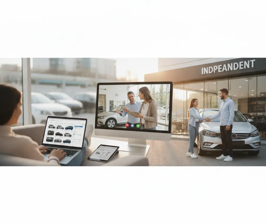 Una persona seduta sul divano usa un computer portatile per guardare annunci di auto, con schermi che mostrano una videochiamata e una compravendita di auto all'esterno di una concessionaria.