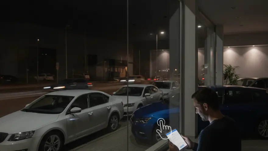 Un hombre sentado dentro de un concesionario de coches por la noche mira una tableta digital mientras varios vehículos están estacionados afuera.