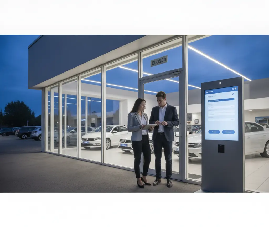 Un homme et une femme en tenue professionnelle discutent devant l'entrée vitrée d'une concession automobile en soirée.