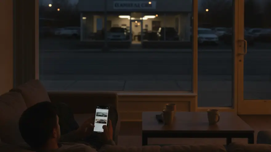 Un homme assis sur un canapé regarde des photos de voitures sur son smartphone, face à une grande baie vitrée donnant sur une concession automobile éclairée la nuit.