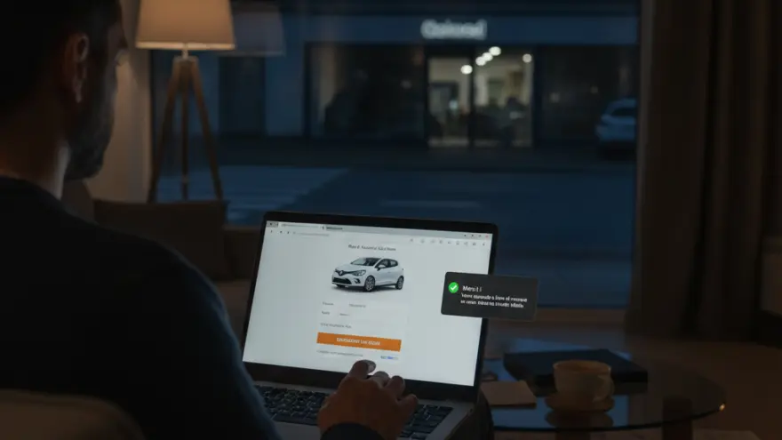 Un homme assis dans un fauteuil utilise un ordinateur portable affichant un site web de vente de voitures, face à une grande fenêtre donnant sur une concession automobile de nuit.