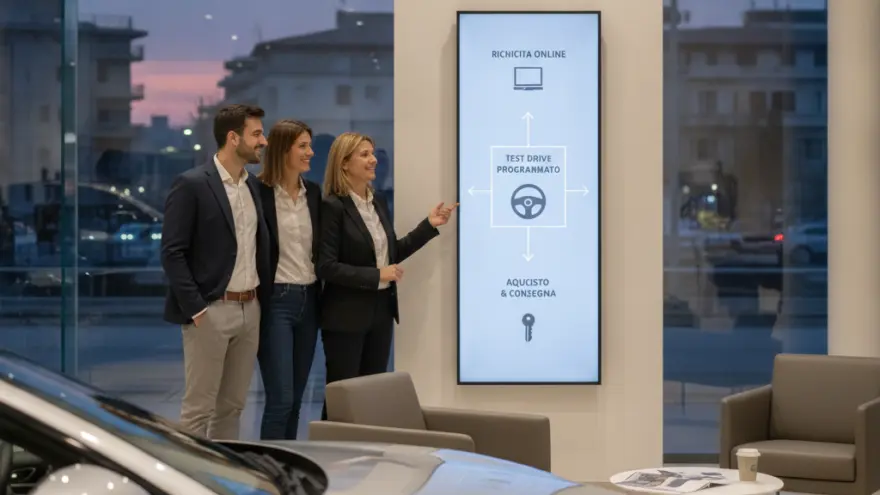 Una donna in giacca scura mostra uno schermo verticale con grafiche a una coppia all'interno di un salone automobilistico.
