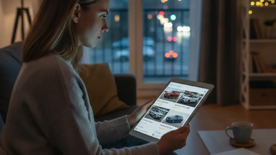 Una donna seduta sul divano di casa guarda diversi modelli di auto su un tablet.