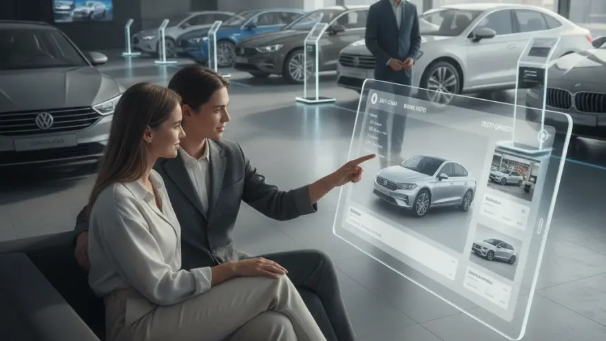 Una coppia seduta su un divano in una concessionaria d'auto guarda uno schermo olografico trasparente che mostra immagini di automobili.