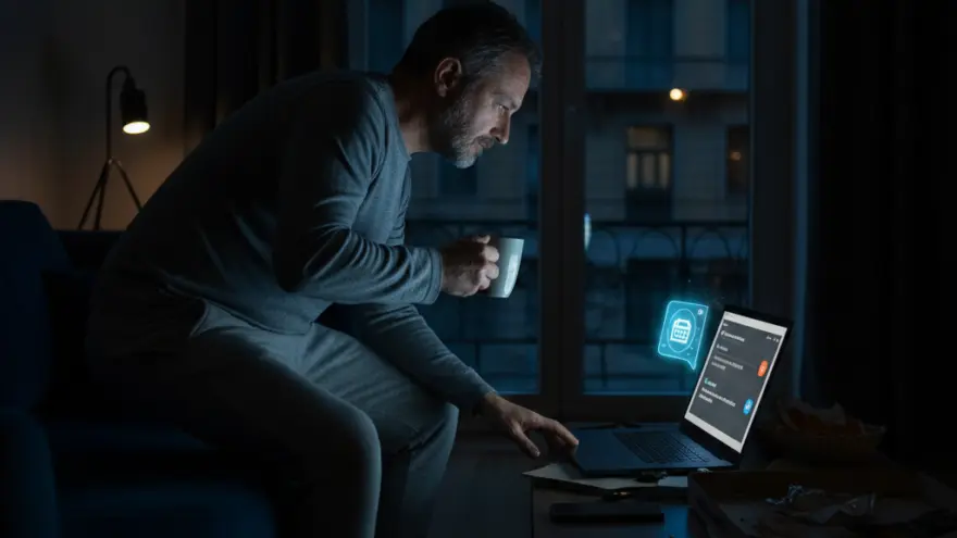 Un uomo seduto sul divano di notte guarda lo schermo di un computer portatile tenendo in mano una tazza.