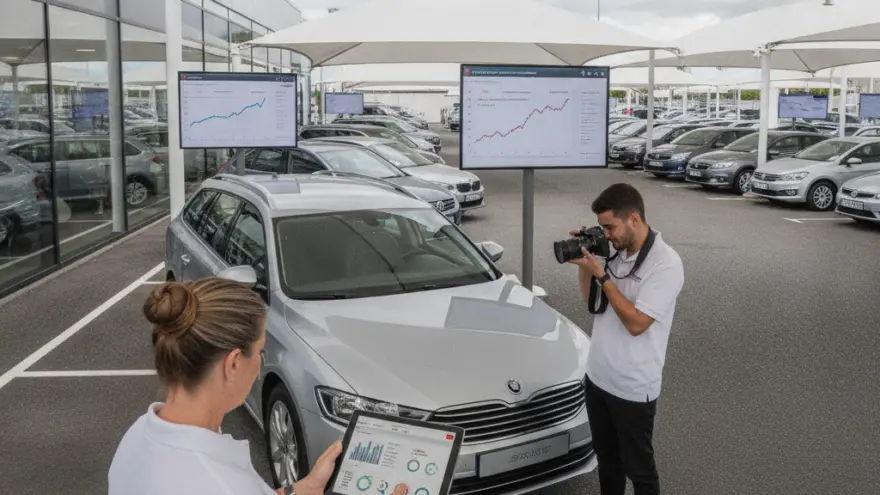 Una donna con un tablet e un uomo con una fotocamera si trovano accanto a un'auto grigia parcheggiata all'aperto sotto una tettoia.