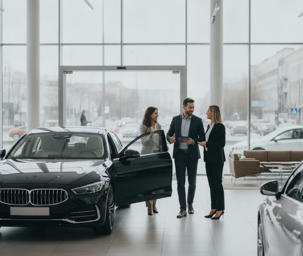 Un uomo e due donne in abito formale parlano accanto a un'auto nera con la portiera aperta all'interno di un salone automobilistico.