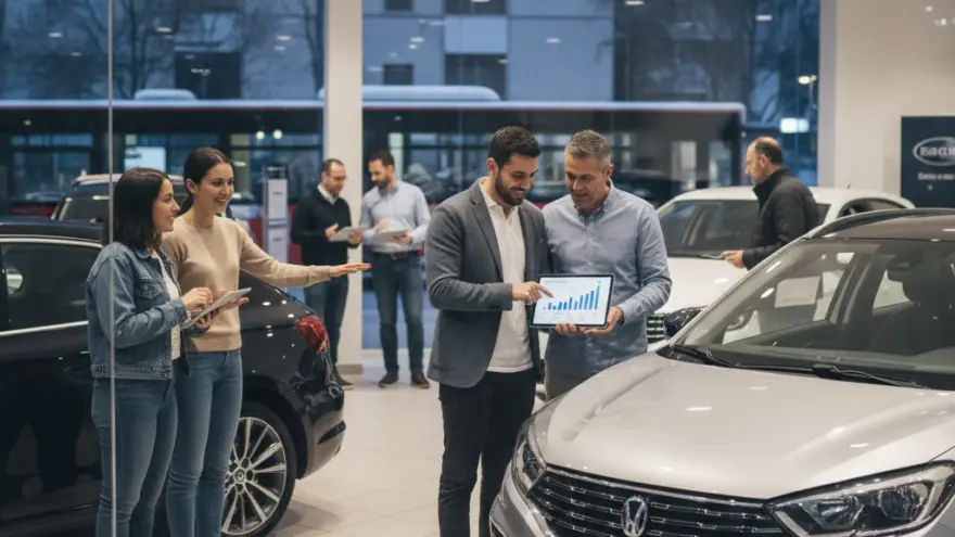 Un venditore mostra un grafico su un tablet a un cliente all'interno di un salone automobilistico con auto in esposizione e altre persone sullo sfondo.