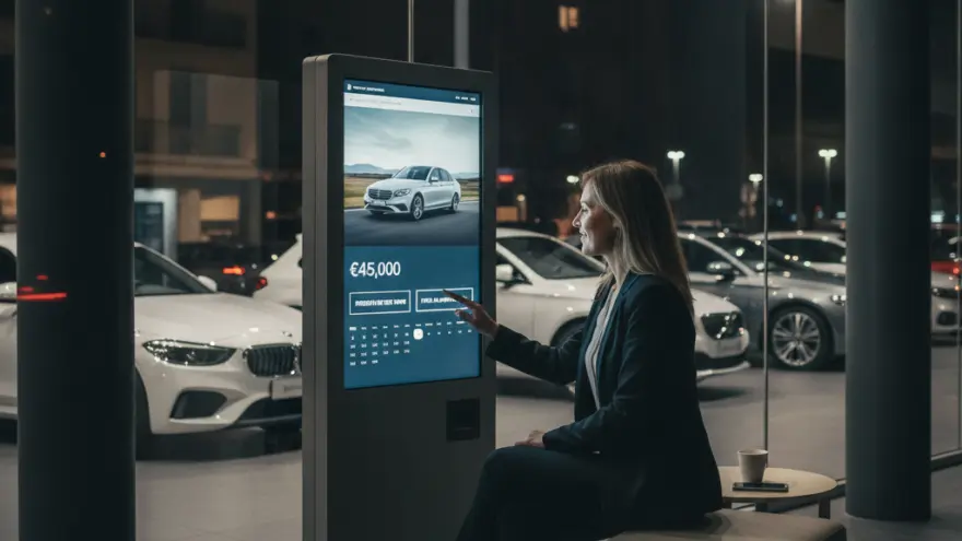 Una donna in abito scuro seduta su un pouf interagisce con un grande schermo informativo verticale all'interno di una concessionaria d'auto di sera.