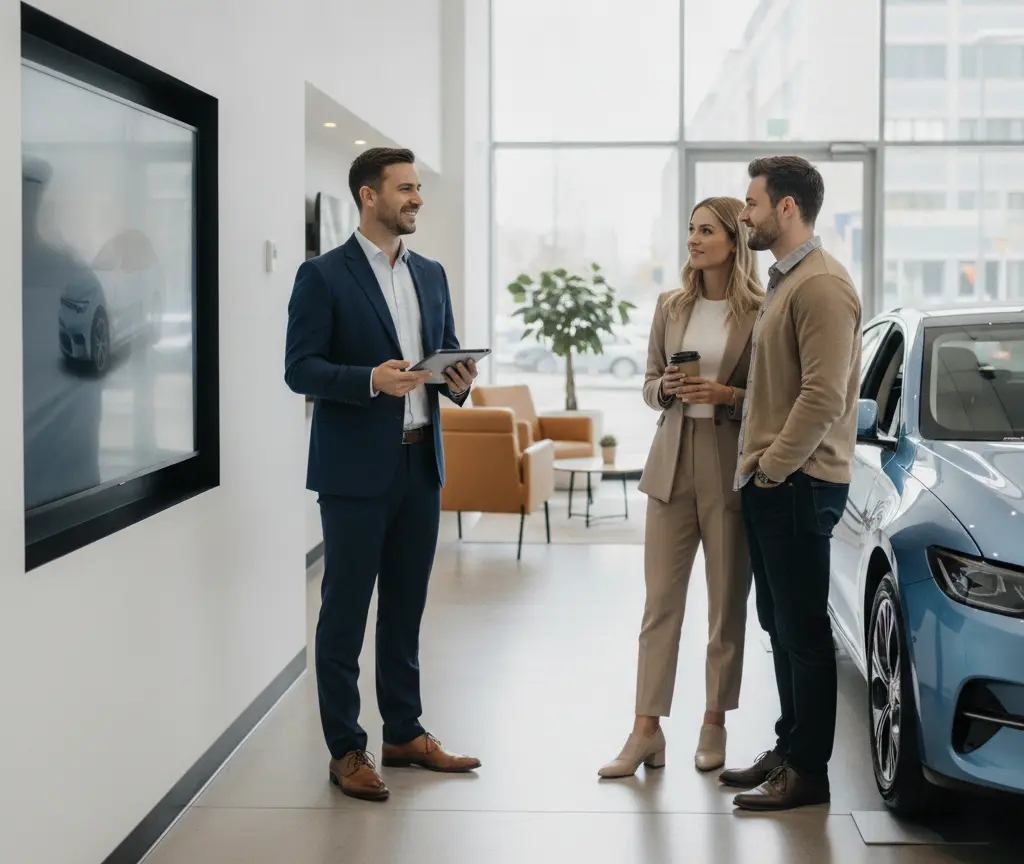 Un venditore in abito blu con un tablet in mano parla con una coppia all'interno di un salone automobilistico accanto a un'auto azzurra.