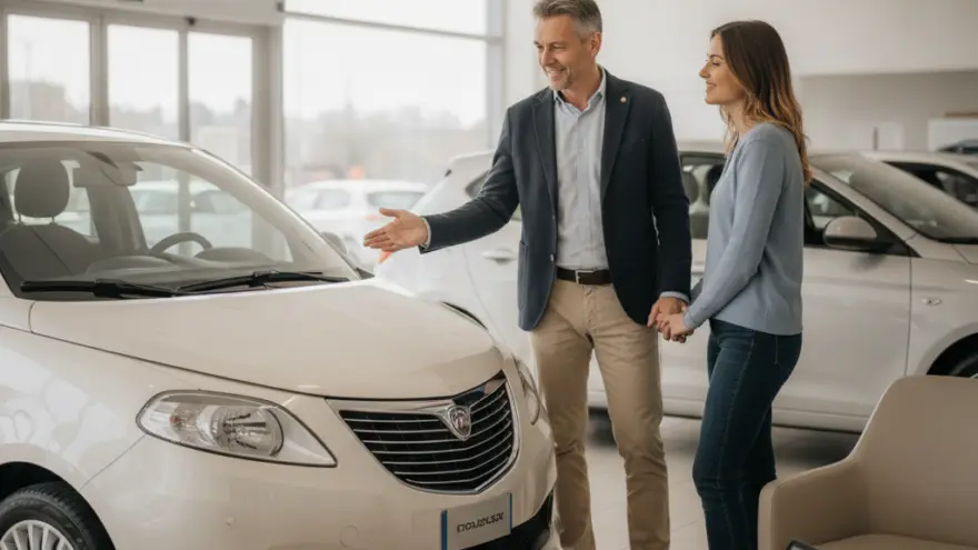Un venditore in giacca mostra un'auto bianca a una donna all'interno di un salone automobilistico luminoso.