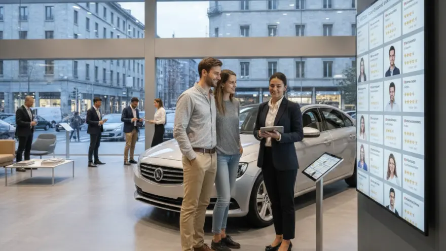 Una venditrice mostra un tablet a una coppia davanti a un'auto grigia in un salone automobilistico.