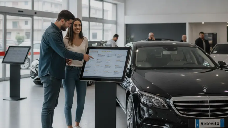 Una giovane coppia guarda uno schermo interattivo accanto a un'auto nera all'interno di un salone automobilistico.