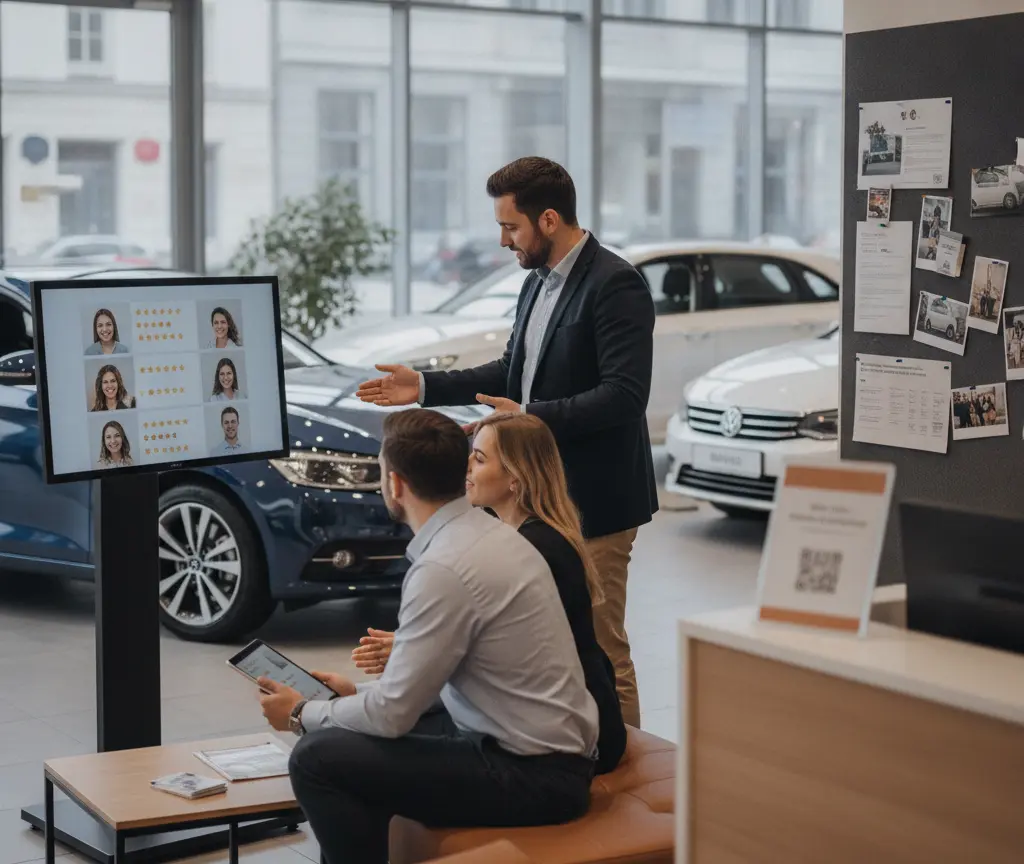 Un venditore in giacca mostra uno schermo con recensioni a una coppia seduta all'interno di un salone automobilistico.