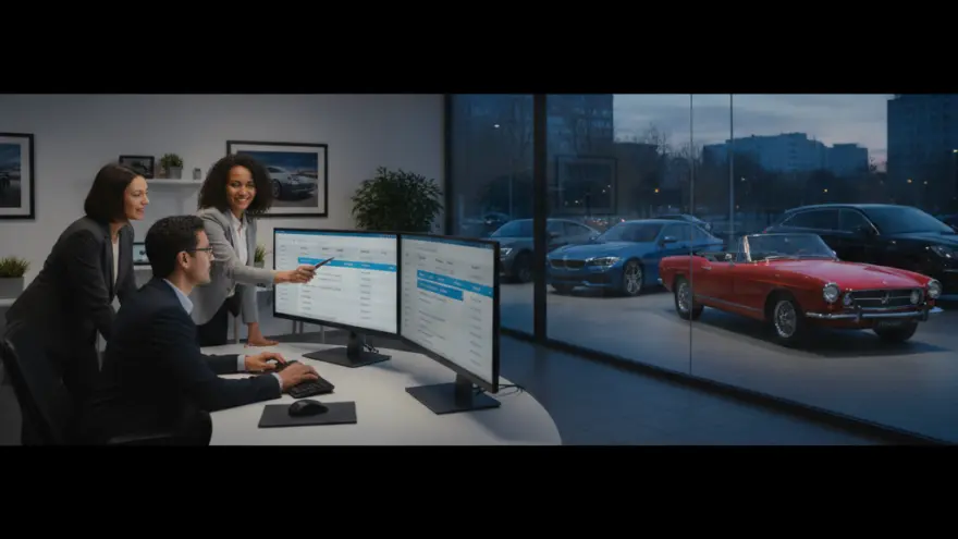 Tre colleghi in ufficio guardano due monitor di computer, mentre fuori dalla vetrata si vedono diverse auto parcheggiate, tra cui una decappottabile rossa d'epoca.