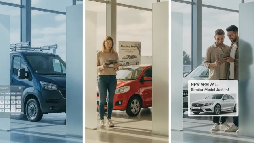 Tre scene distinte mostrano un furgone blu, una donna che guarda un catalogo accanto a un'auto rossa e due uomini che osservano un tablet in un salone automobilistico.