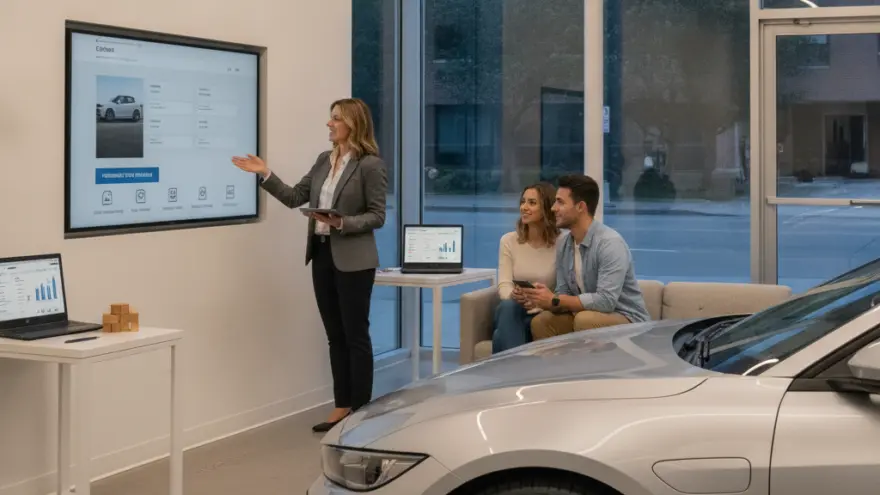 Una consulente mostra le caratteristiche di un'auto su uno schermo a una coppia seduta su un divano in uno showroom, con un'auto grigia in primo piano.