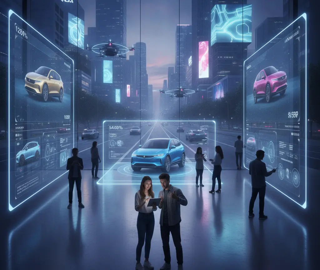 Persone in uno showroom futuristico che osservano auto elettriche proiettate su schermi olografici con una città moderna sullo sfondo.