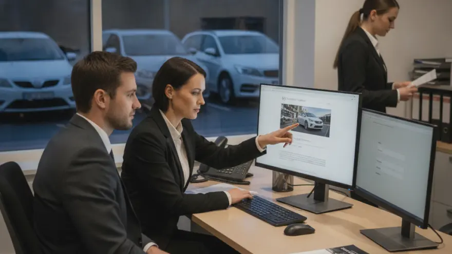 Une femme et un homme en costume assis à un bureau regardent un écran d'ordinateur montrant une voiture, tandis qu'une autre femme se tient à l'arrière-plan.