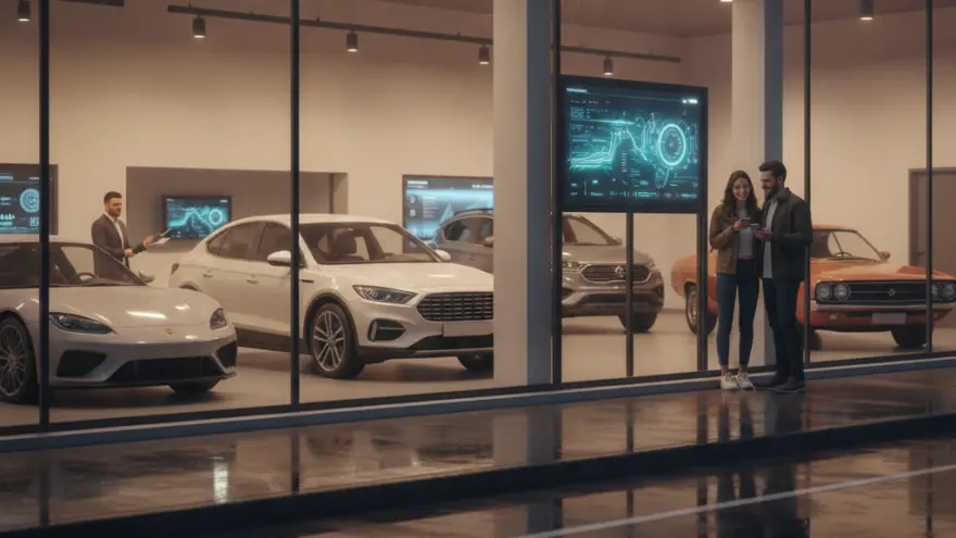 Un couple regarde son téléphone devant la vitrine éclairée d'une concession automobile moderne de nuit.
