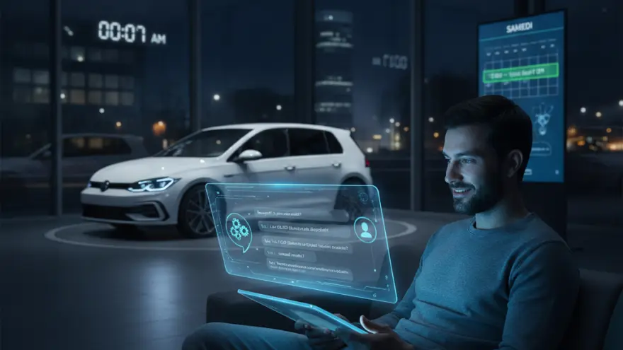 Un homme assis sur un canapé utilise une tablette projetant un écran holographique bleu, avec une voiture blanche en arrière-plan dans une concession automobile de nuit.