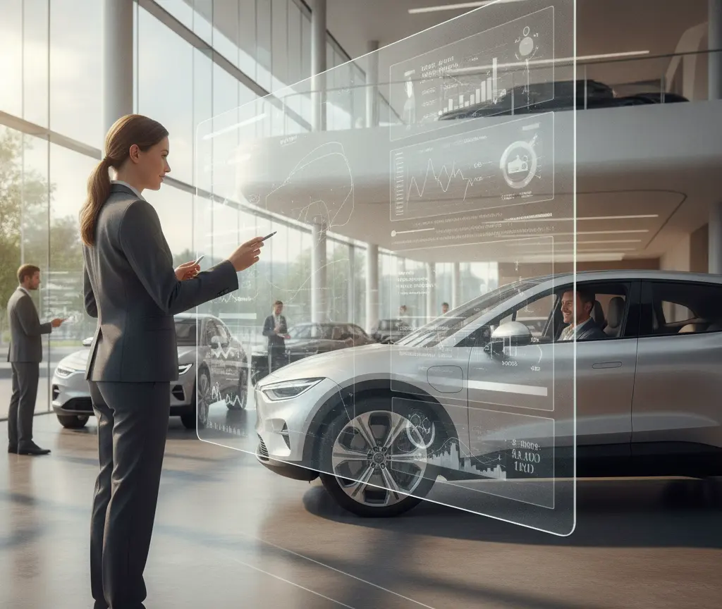 Une femme en costume gris utilise un écran holographique transparent devant une voiture grise dans une concession automobile moderne.
