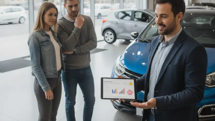 Un conseiller en costume présente des graphiques sur une tablette à un jeune couple dans une concession automobile.