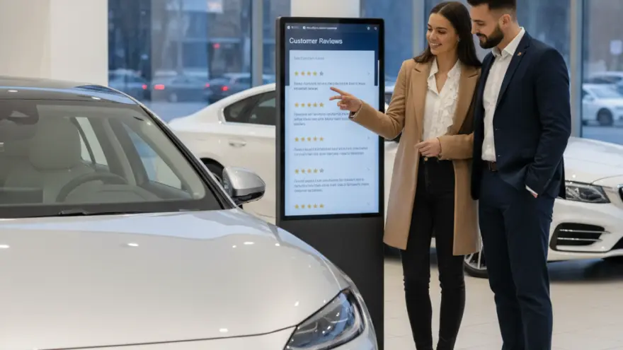 Une femme et un homme en tenue professionnelle regardent un écran tactile affichant des avis clients dans une concession automobile.