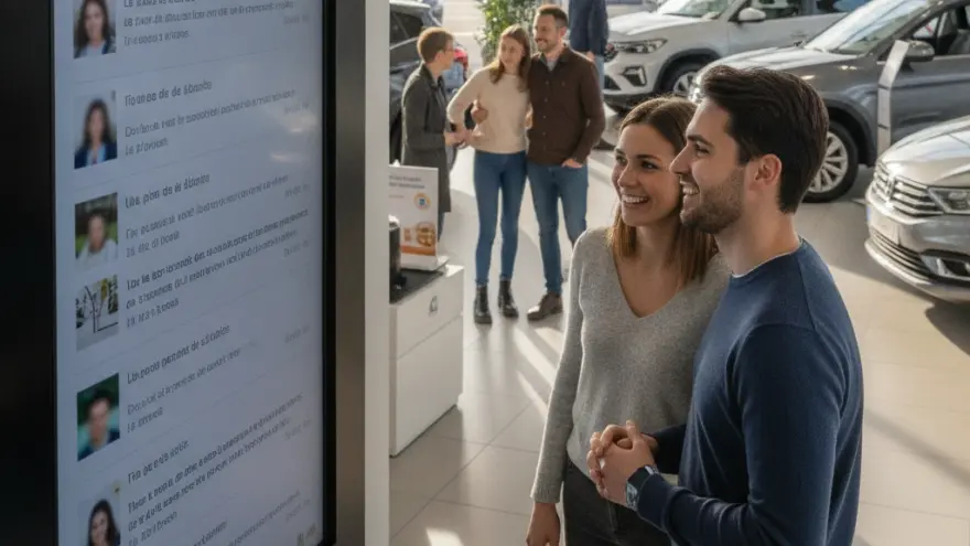 Un jeune couple sourit en regardant un grand écran vertical affichant des avis clients dans une concession automobile lumineuse.