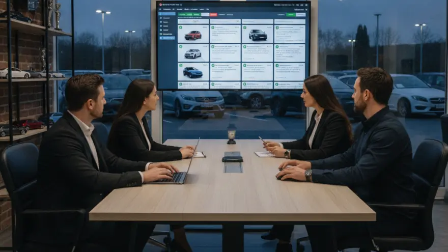 Quatre personnes en tenue professionnelle sont assises autour d'une table de réunion face à un grand écran affichant des modèles de voitures.