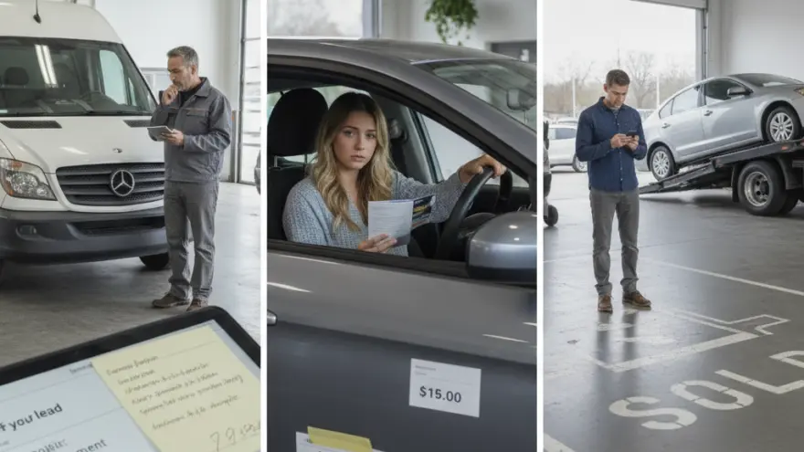 Triptyque montrant un homme examinant un fourgon blanc, une femme assise au volant d'une voiture grise et un homme regardant son téléphone dans un garage.