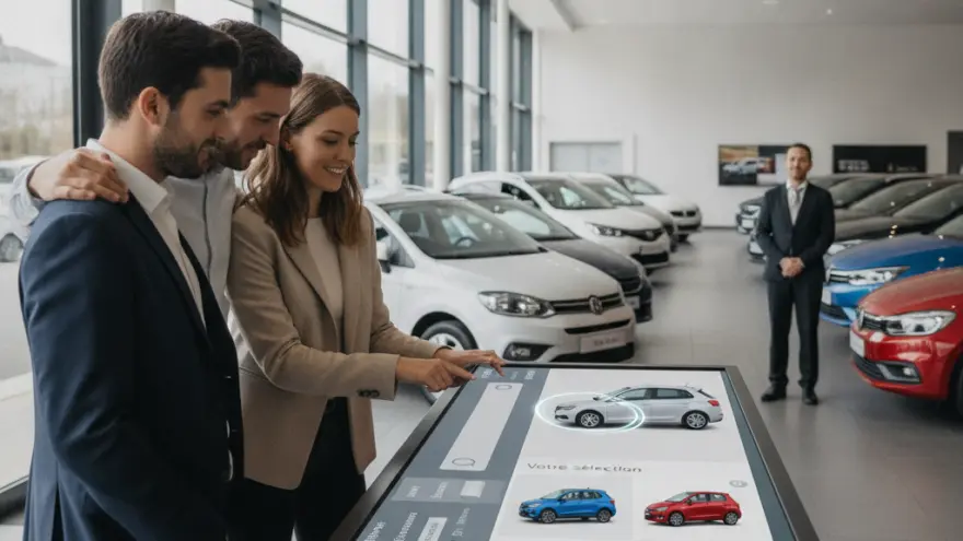 Un couple utilise une table tactile interactive dans une concession automobile, sous le regard d'un conseiller commercial en arrière-plan.