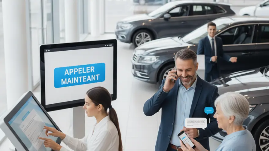 Une femme assise utilise une borne tactile interactive dans une concession automobile, tandis qu'un homme au téléphone et une femme âgée regardent un smartphone à côté de voitures exposées.