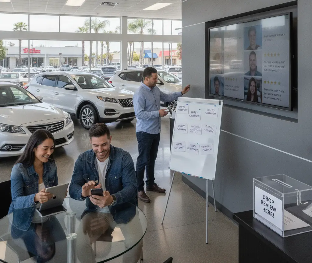 Una pareja sentada frente a una mesa de vidrio usa dispositivos móviles en un concesionario de autos mientras un empleado señala una pantalla en la pared.