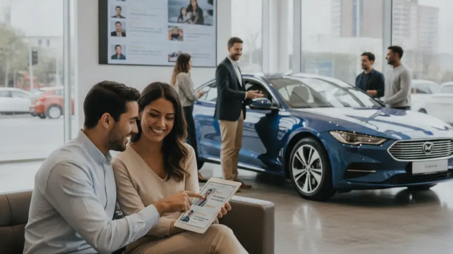 Una pareja sentada en un sofá mira una tableta digital en el interior de un concesionario de coches con un vehículo azul de fondo.