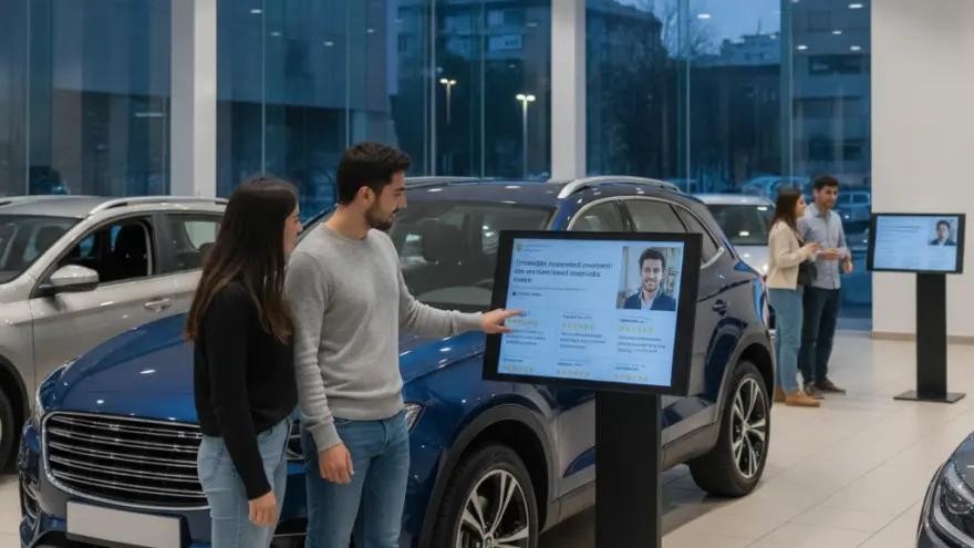 Una pareja mira una pantalla interactiva junto a un coche azul en un concesionario.