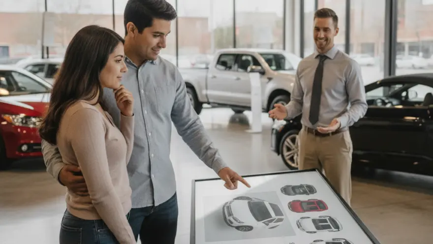 Un hombre y una mujer miran una pantalla interactiva con opciones de vehículos en un concesionario de automóviles, mientras un vendedor sonríe al fondo.