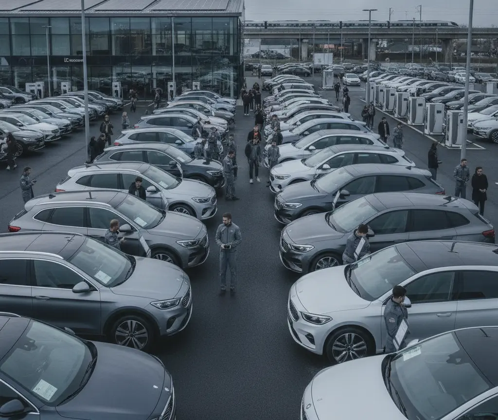 Vista aérea de un concesionario de coches al aire libre con numerosos vehículos estacionados en filas y varias personas caminando entre ellos en un día nublado.