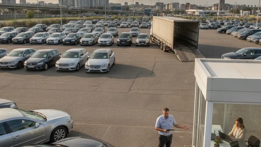 Vista aérea de un gran estacionamiento de autos con un camión de transporte, una pequeña oficina de vidrio con una mujer trabajando y un hombre de pie afuera.