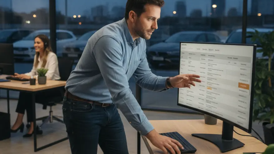 Un hombre de pie frente a un escritorio señala una pantalla de computadora con datos en una oficina con vista a un estacionamiento de autos por la noche.