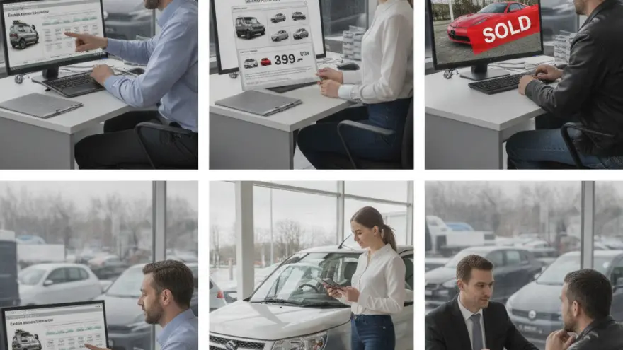 Un collage de seis fotos que muestra a asesores de ventas interactuando con clientes y computadoras en un concesionario de autos.
