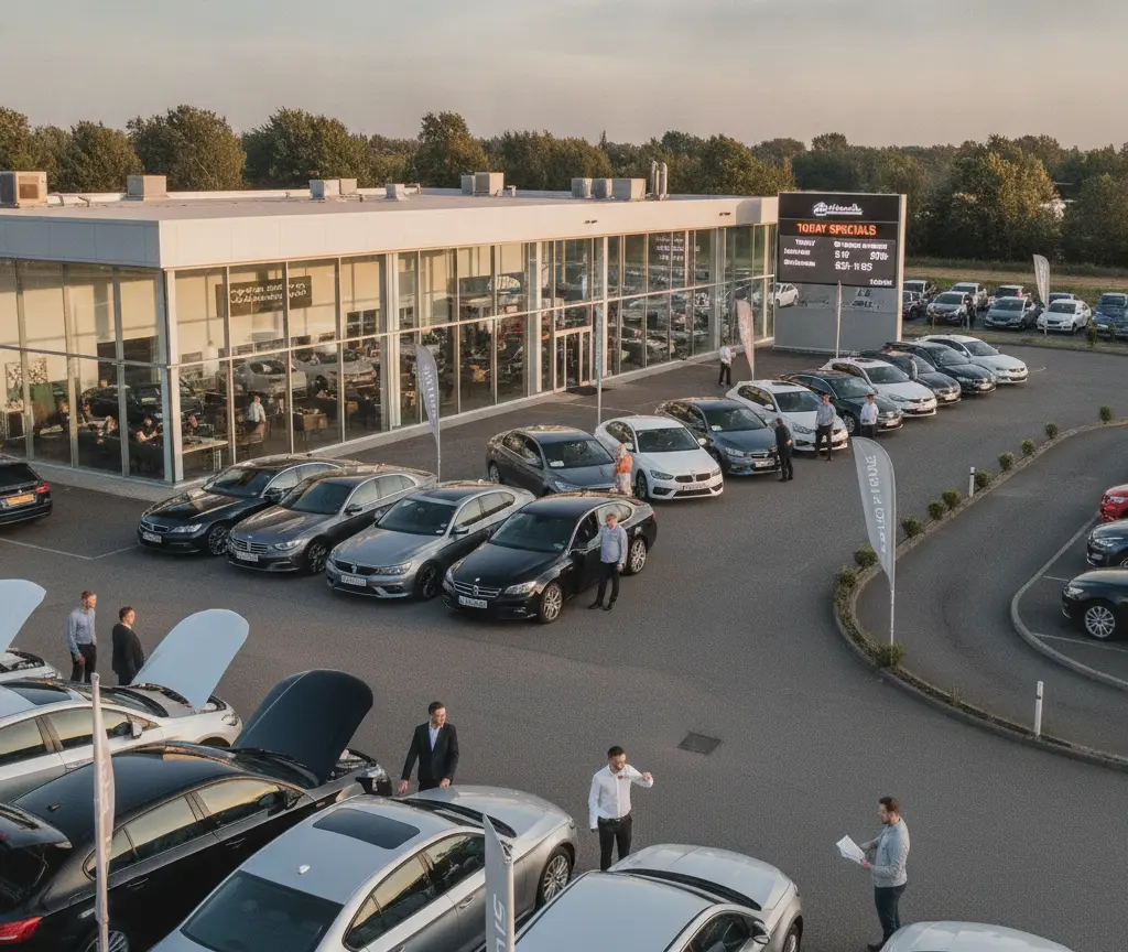Vista aérea de un concesionario de coches con varios vehículos estacionados en el exterior y personas caminando entre ellos.