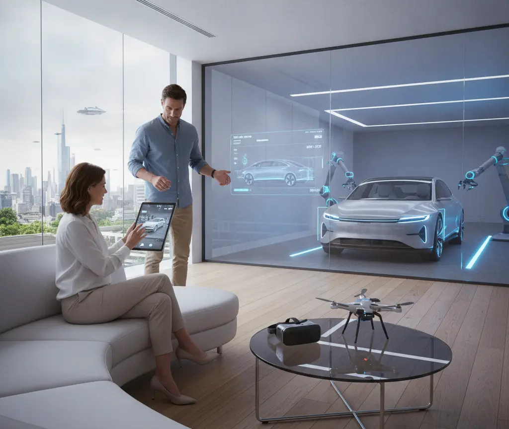 Un hombre y una mujer en una sala moderna observan un coche eléctrico plateado a través de un panel de vidrio con proyecciones holográficas.