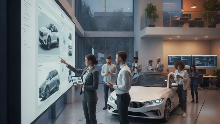 Una mujer de traje señala una gran pantalla interactiva con imágenes de vehículos mientras un hombre con camisa y corbata la observa en un concesionario moderno con un coche blanco de fondo.