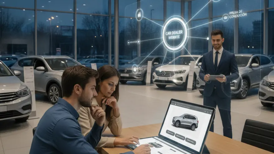 Una pareja sentada frente a una computadora portátil de doble pantalla en un concesionario de autos mientras un vendedor de traje los asiste.
