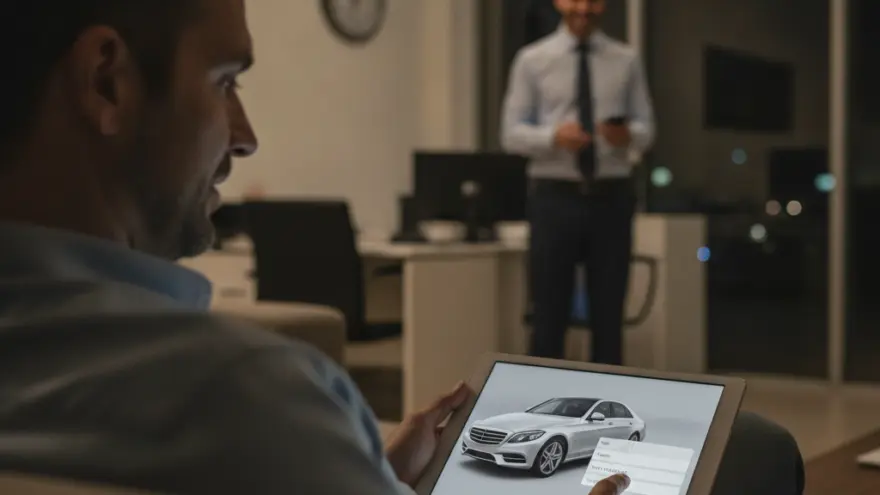 Un homme assis de profil regarde une tablette affichant une voiture blanche, tandis qu'un autre homme en arrière-plan se tient debout dans un bureau.