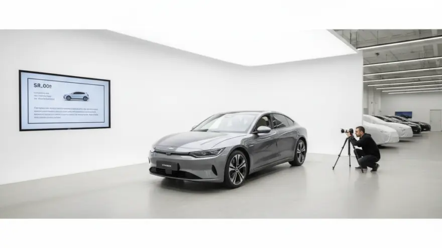 Un photographe accroupi prend en photo une voiture grise dans un studio blanc moderne.